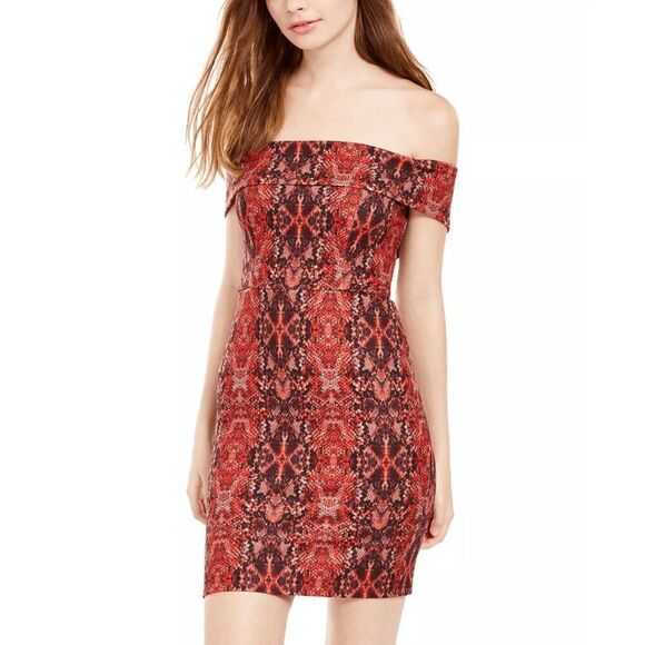 Crystal Doll Juniors' Women's Python-Print Off-The-Shoulder Dress - Red L - Picture 5 of 7